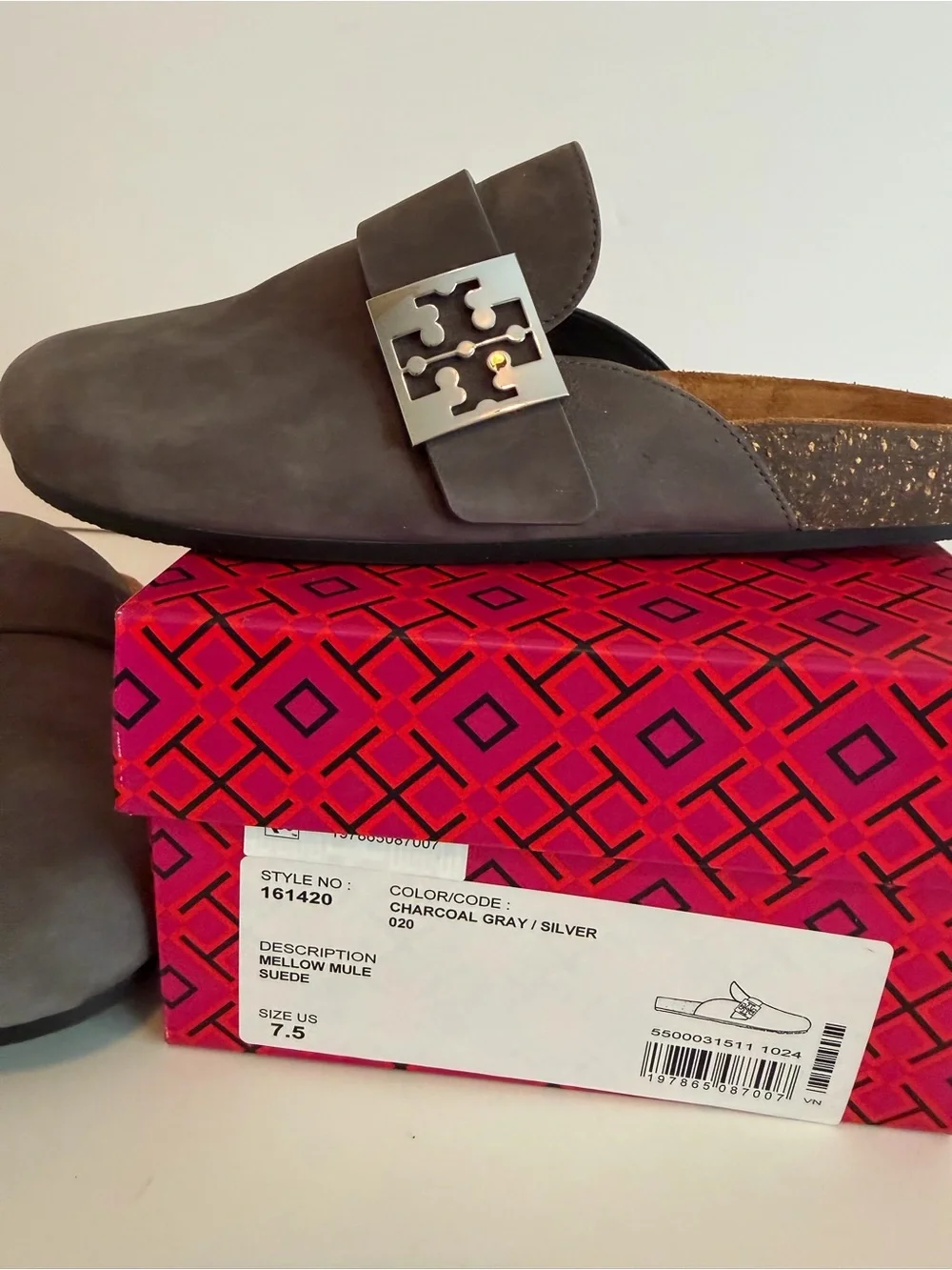 Tory Burch Suede Gray Logo Buckle Slide Mule